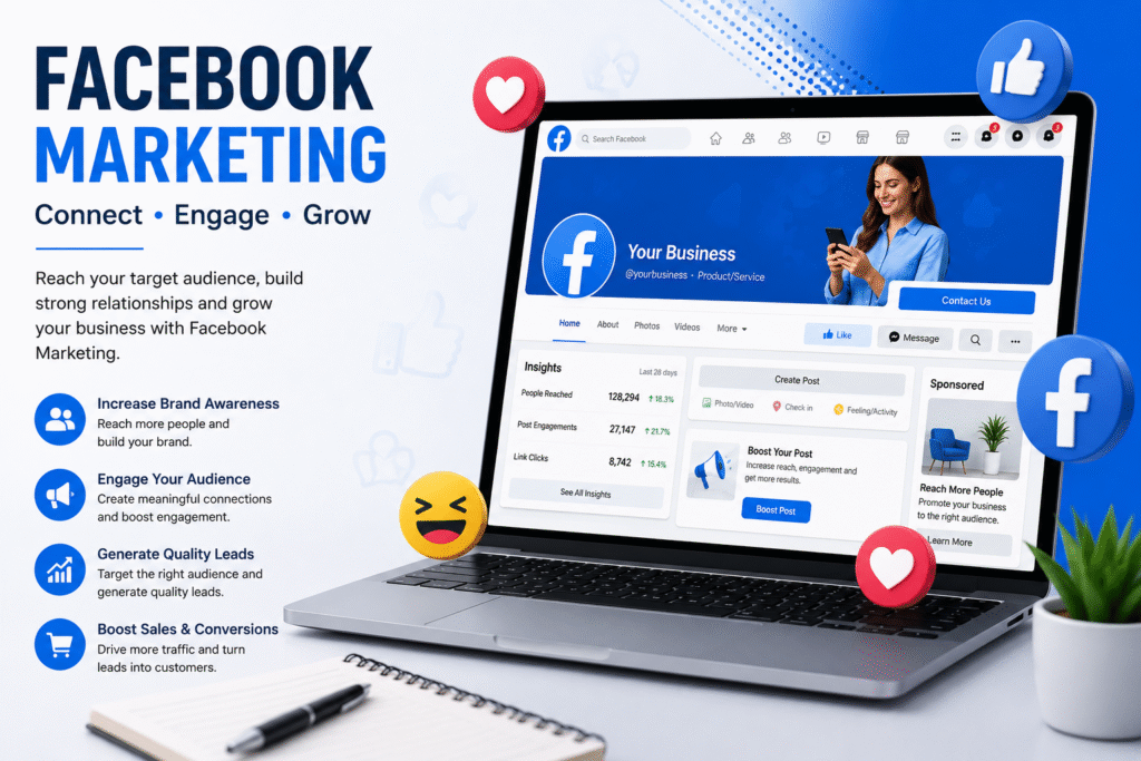 Facebook Marketing Course in Greater Noida | LeLogix Facebook marketing dashboard showing business page management, audience engagement, lead generation, and Meta marketing training at LeLogix Institute in Greater Noida.