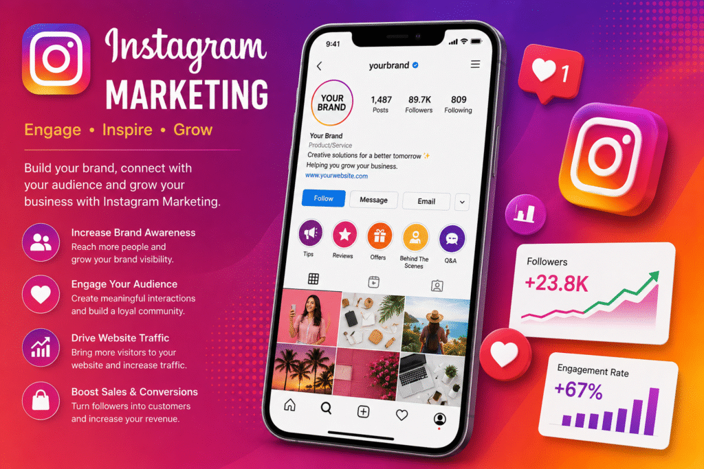 Instagram Marketing Course in Greater Noida | LeLogix Instagram marketing dashboard showing business profile optimization, audience engagement, content strategy, follower growth, and social media marketing training at LeLogix Institute in Greater Noida.