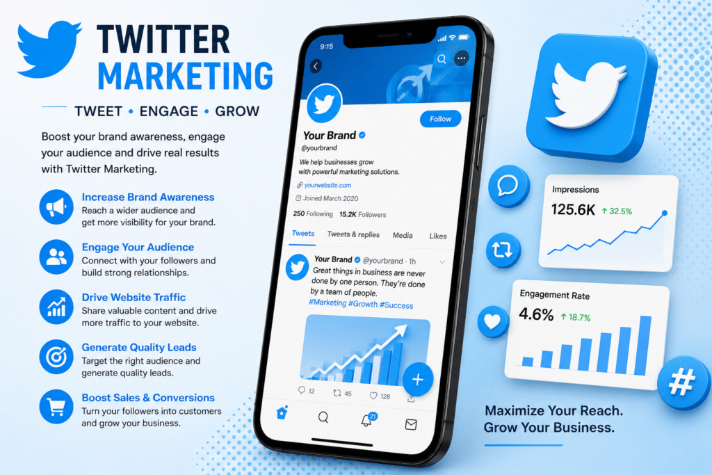 Twitter (X) Marketing Course in Greater Noida | LeLogix Twitter (X) marketing dashboard showing brand promotion, audience engagement, lead generation, website traffic, and social media marketing training at LeLogix Institute in Greater Noida.